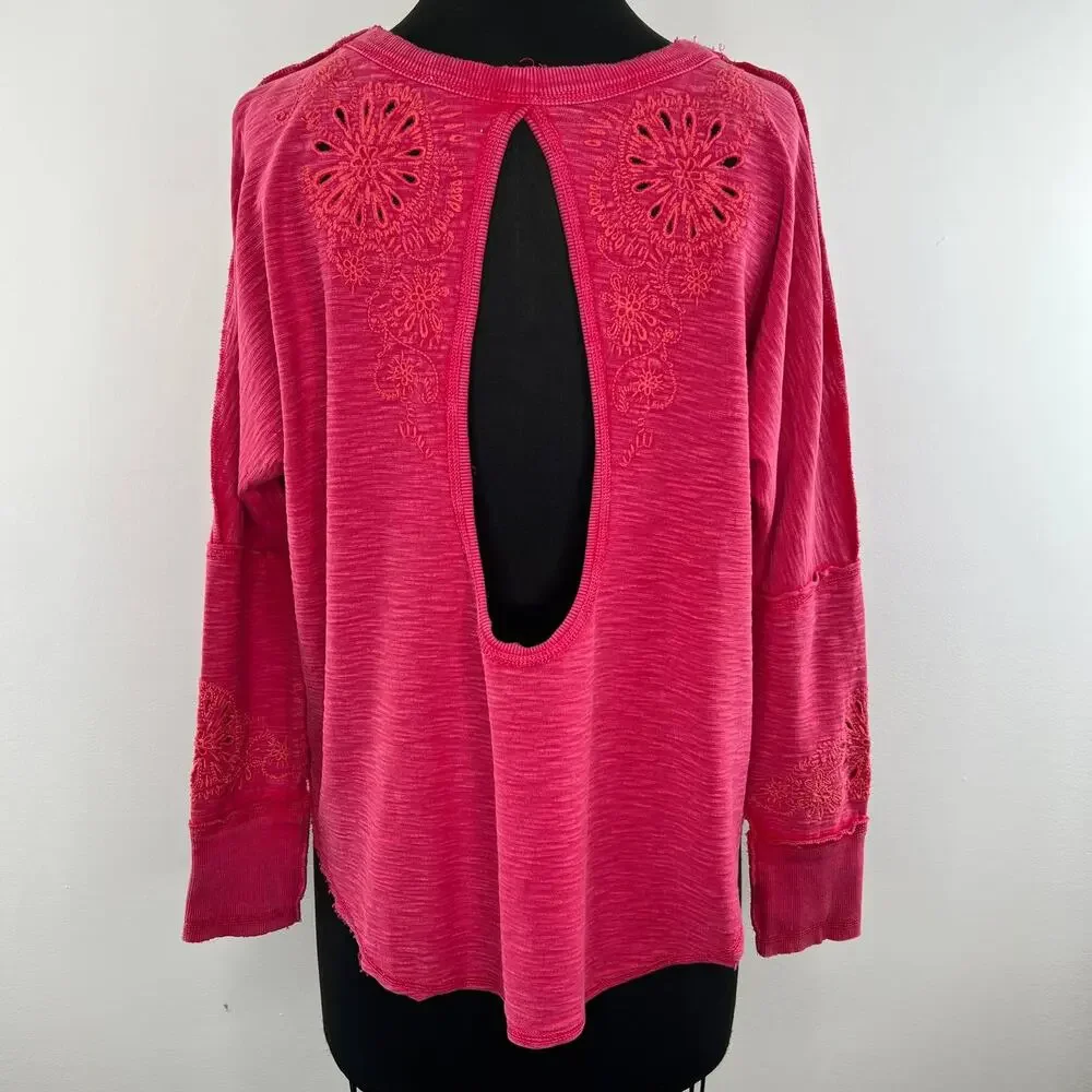 Free People Intimately Pink Long Sleeve Eyelet Back Cut-Out Cotton Top Size XS